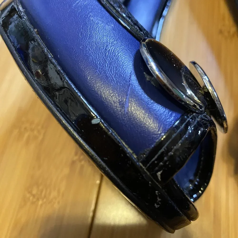 Karen Millen Heels EU Size 37 Blue Black Patent Leather Platform Peep Toe Heels